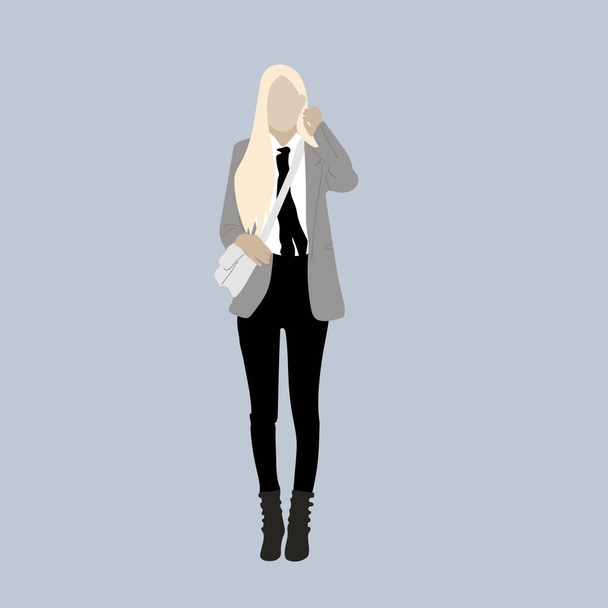 Vector illustration of Kpop street fashion. Street idols of Koreans. Kpop women's fashion idol. A blonde girl in a gray jacket and a white shirt and black trousers. - Vector, imagen
