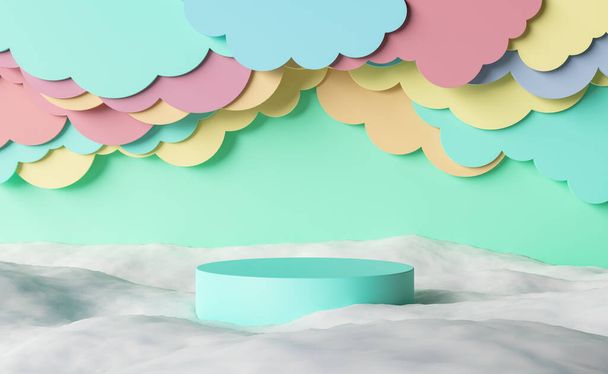 supporto per l'esposizione del prodotto sul pavimento in cotone con sfondo nuvole piatte color pastello. sfondo per bambini. rendering 3d - Foto, immagini