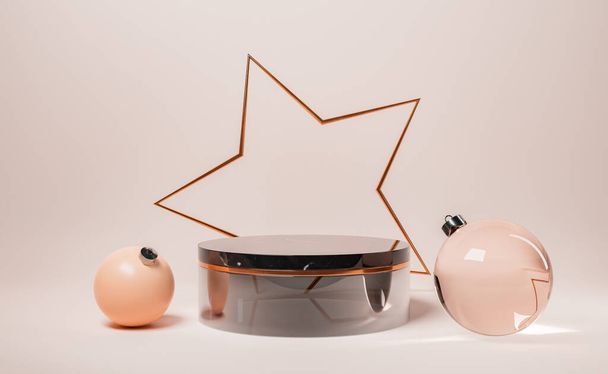 Marmorzylinder mit Weihnachtskugeln drumherum und einem Kupferstern dahinter. Weihnachtsständer zur Produktpräsentation. 3D-Darstellung - Foto, Bild