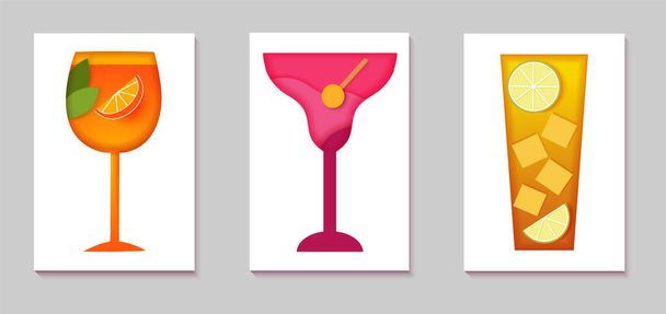 The silhouettes of paper cut cocktails. Creative bright composition of alcohol, juice or water with lemon and mint. - Vecteur, image