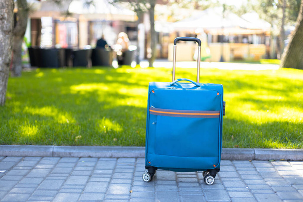 Çim parkının yanındaki mavi valiz. - Fotoğraf, Görsel