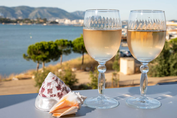 Verano en la Riviera francesa, bebiendo vino blanco frío o rosa gris de Cotes de Provence en terrase al aire libre con vista al puerto de Toulon, Var, Francia y conchas de mar - Foto, Imagen