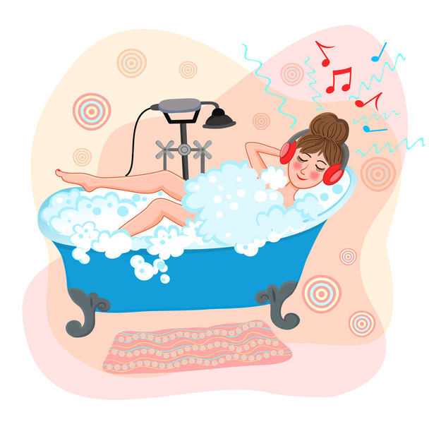 Dziewczyna bierze kąpiel i słucha muzyki na słuchawkach. Bańki mydlane w wannie z kobietą. Relaks w salonie spa. Ilustracja wektora. - Wektor, obraz