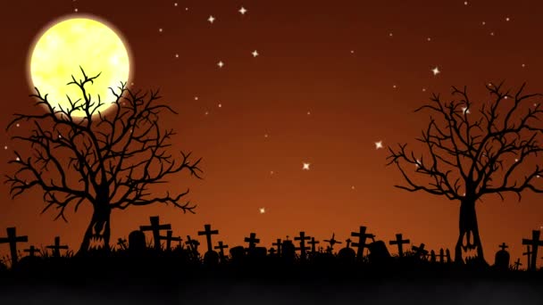 Halloween-Hintergrund. Animation im Hintergrund des Halloween-Hügels mit Mond, Bäumen und Gras. Gruselige Nacht der Halloween-Animation - Filmmaterial, Video