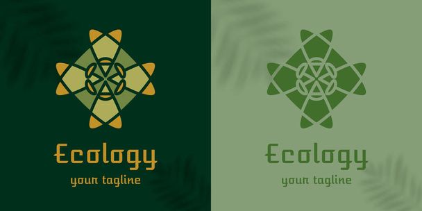 Logo in the form of a flower, petal, clover, natural motives, mandala. Eco emblem, organic, natural green for label, label, packaging, badge or badge of natural food, beverage, cosmetics. Flower shop design, cosmetics, beauty, perfumery, spa, yoga - Vector, Image