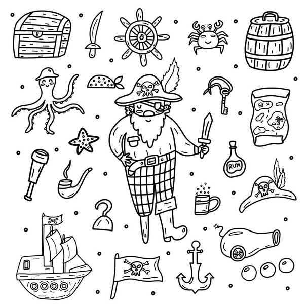 Πειρατικό σετ. Δέσμη. Καπέλο, γάντζο και γυαλί, χάρτης θησαυρού και σημαία, πλοίο, μπουκάλι ρούμι και άγκυρα, στήθος και σπαθί. Μαύρο και άσπρο διάνυσμα απομονωμένη εικονογράφηση χέρι ζωγραφισμένα doodle συλλογή - Διάνυσμα, εικόνα