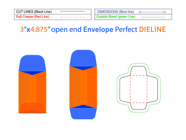 3x4.875 Zoll Verpackung Katalogumschlag oder Open End Umschlag Dieline-Vorlage und 3D-Umschlag editierbar leicht skalierbar - Vektor, Bild