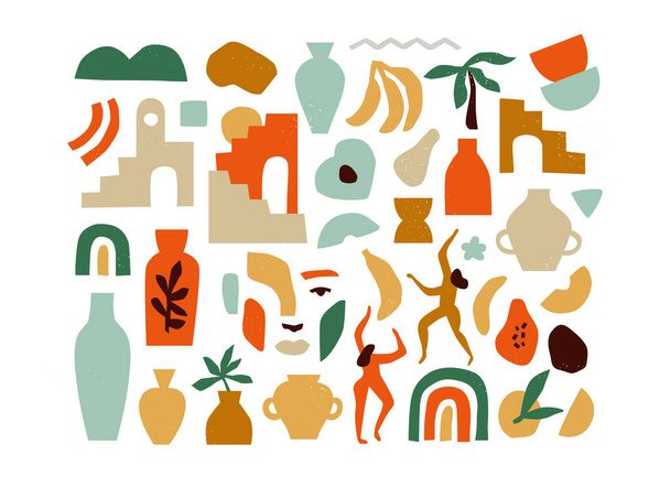 Set of trendy doodle and abstract nature icons on isolated white background. Big summer collection, minimalist fruit shapes in freehand art style. Includes people, vase art and texture bundle - Vektor, obrázek