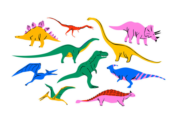 Big set of colorful dinosaur doodle illustration on isolated background. Trendy 90s style dinosaurs collection for educational concept or children design. Includes T-rex, triceratops, pterodactyl. - Vector, imagen