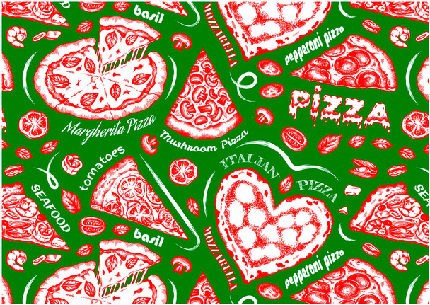 Esquema patrón de dibujo de pizza roja y blanca aislada sobre fondo verde. Dibujo dibujo italiano de comida rápida fondo de pantalla. Pizza margherita, salami, queso derretido, tomate, albahaca. Ilustración vectorial. - Vector, imagen