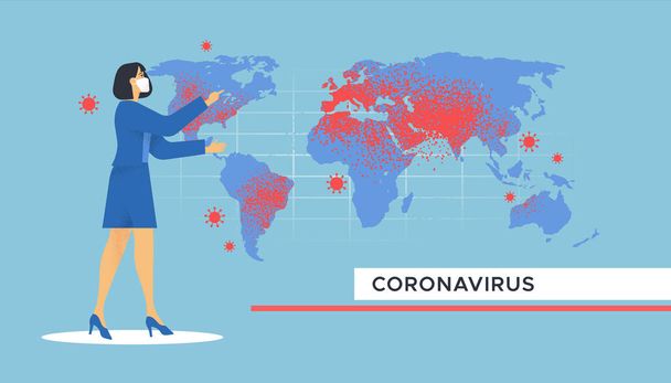 Nieuwe coronavirus nieuwsbericht illustratie met vrouw tv-verslaggever in gezicht masker toont wereldkaart pandemie verspreiding. Covid19 informatie over virusziekten of begrip "gezondheidsbescherming". - Vector, afbeelding