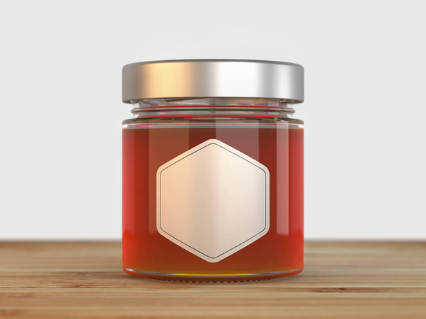 representación 3d de un tarro de miel con etiquetas vacías para la inserción de su logotipo - Foto, imagen