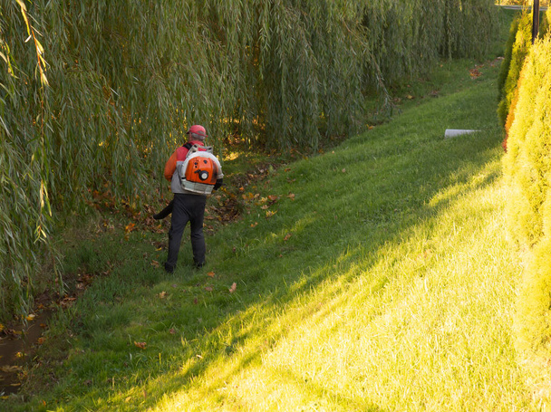 Práce v parku odstraňuje podzimní listí dmychadlem - Fotografie, Obrázek
