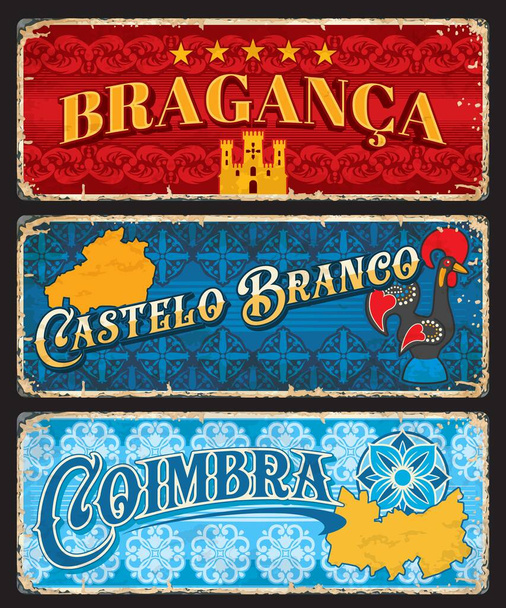 Braganza, Castelo Branco ve Coimbra, Portekiz plakaları, vektör seyahat etiketleri. Portekiz şehirleri teneke tabelalar veya eyalet sloganları, seyahat ve turizm manzaralı bagaj etiketleri - Vektör, Görsel
