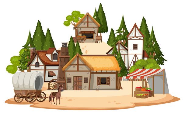 Starověká středověká vesnice izolované na bílém pozadí ilustrace - Vektor, obrázek