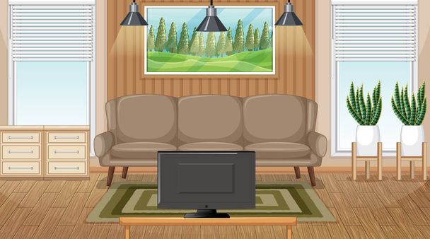 Интерьер гостиной с мебелью и иллюстрацией оформления гостиной - Вектор,изображение