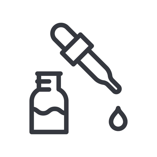 Musta lineaarinen lääketieteellinen ikoni lääkepullosta liuoksella ja pipetillä eristettynä läpinäkyvällä taustalla. Kuvakkeen ääriviivat - Vektori, kuva
