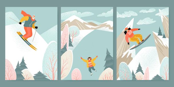 Illustrazioni di attività invernali con personaggi dello sci, pattinaggio e snowboard sullo sfondo di un paesaggio montano. Stile di vita immagini - Vettoriali, immagini