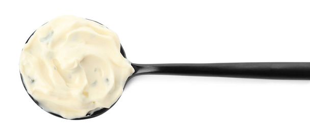 Tartar sauce in spoon isolated on white, top view - Foto, Imagem