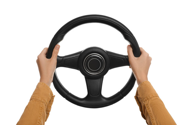 Woman with steering wheel on white background, closeup - Φωτογραφία, εικόνα