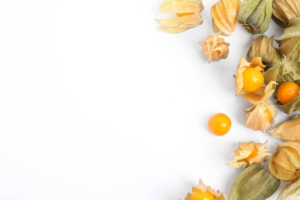 Ripe physalis fruits with dry husk on white background, top view - Photo, Image