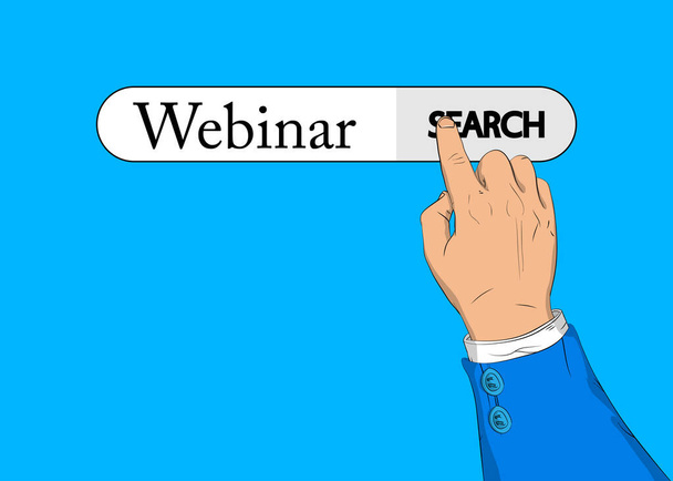 Virtual search bar with the text Webinar. Businessman pushing his right hand index finger to touch a search icon. - Vector, Image