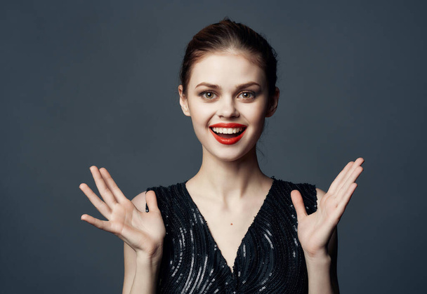 cheerful woman Red lips emotion luxury studio model isolated background - Photo, Image