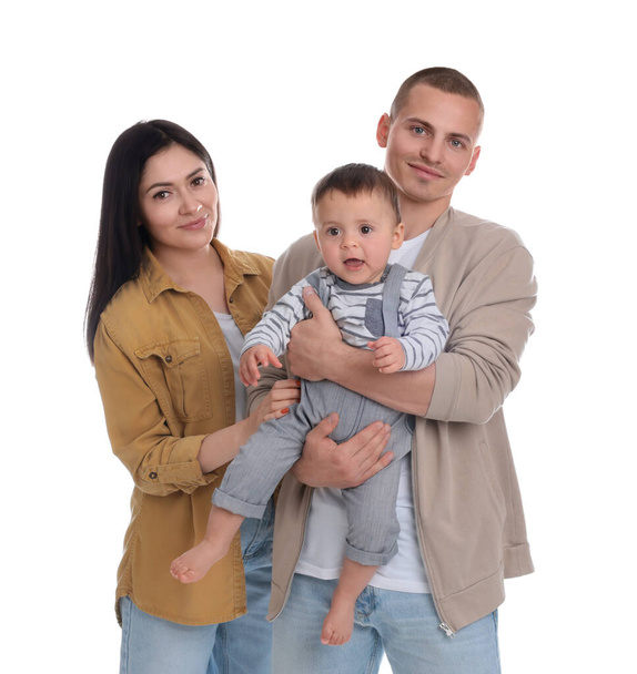 Portrait of happy family with little child on white background - Foto, Imagem