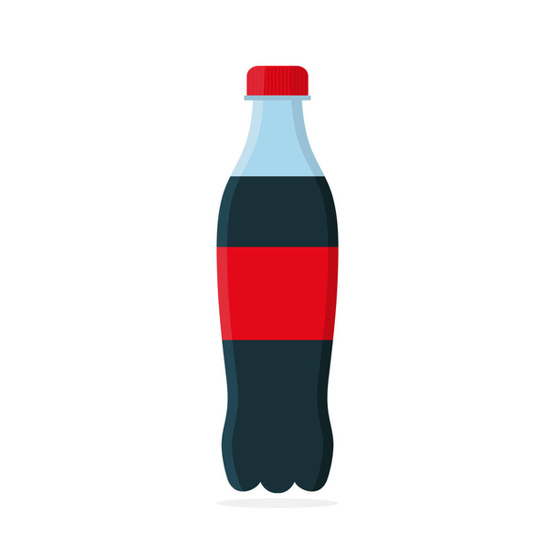 Soda bottle. Plastic bottle with drink. Icon of cola. Red fizzy drink caffeine and sugar. Black cold soft water. Beverage in container with cap. Logo for cool kola isolated on white background. Vector - Vector, Image