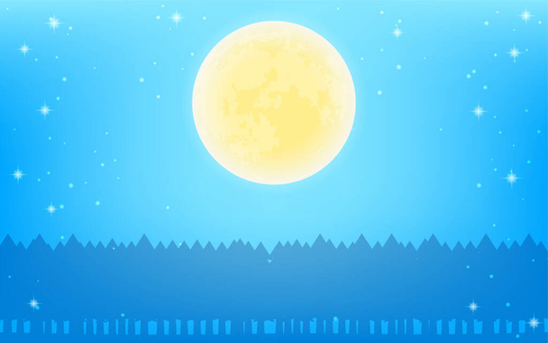 Silhouettes pleine lune et forêt dans un ciel étoilé scintillant - Vecteur, image