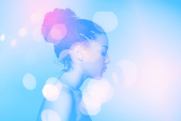 Double exposure portrait of young beautiful african american woman and bokeh lights, modern art  - Foto, afbeelding