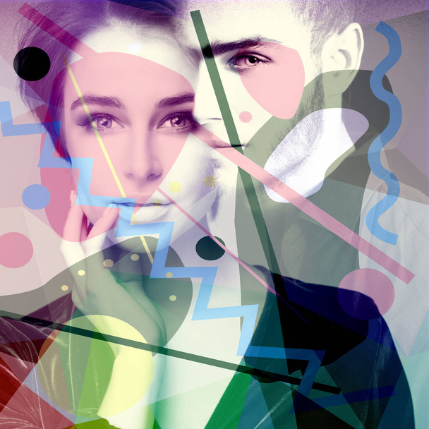 Beautiful young woman and handsome man, double exposure portrait. Couple in love.  - Foto, imagen