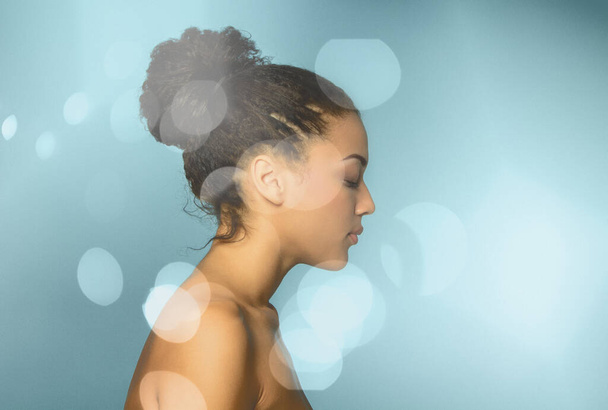 Double exposure portrait of young beautiful african american woman and bokeh lights, modern art  - Foto, immagini