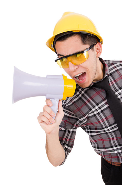 Supervisor de construcción gritando a megáfono
 - Foto, Imagen