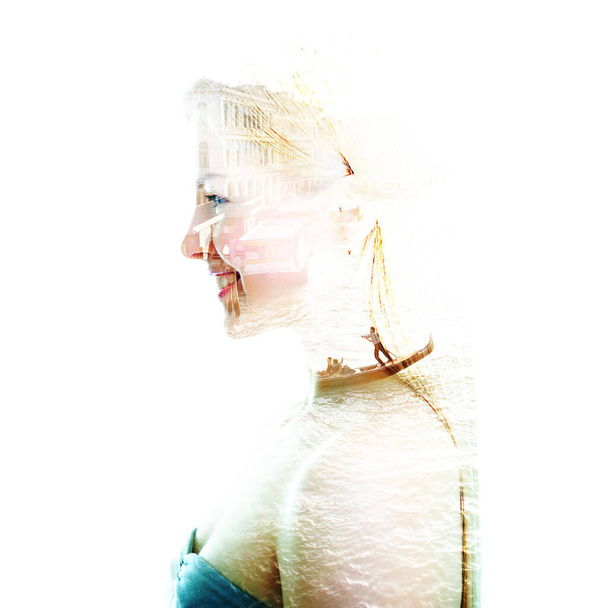 Attractive young caucasian woman with long blond hair happy smiling. Double exposure portrait of beautiful blond girl and Venice landscape with Grand channel and ses, modern art  - Fotó, kép