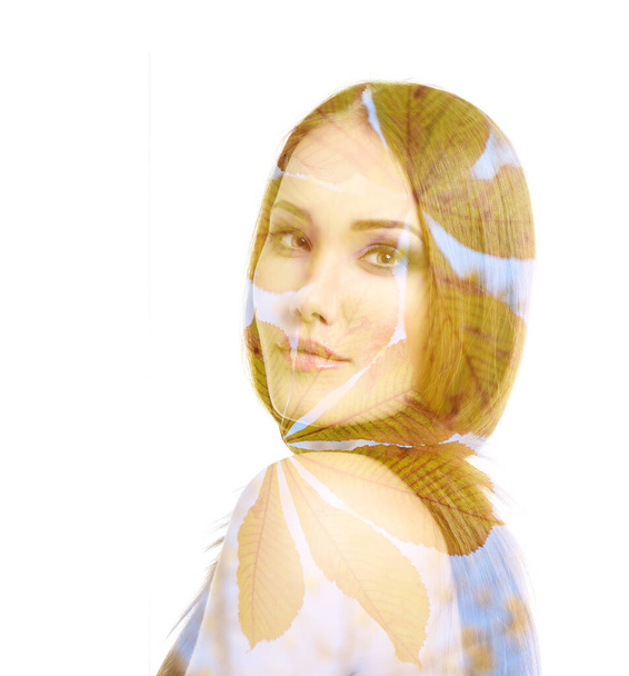 Portrait of beautiful girl, double exposure with autumn yellow chestnut leaves - Fotografie, Obrázek