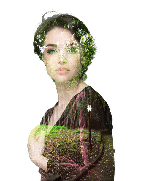 Young attractive woman and bamboo Japanese park, double exposure, over white background.  - 写真・画像