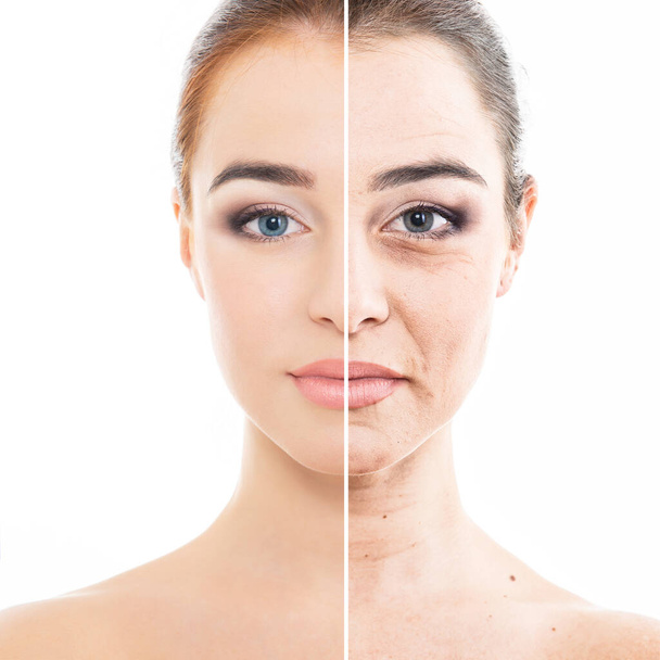 Anti-aging and beauty treatment. Portrait of beautiful woman with old problem and young clean healthy skin, aging and youth concept - Photo, image