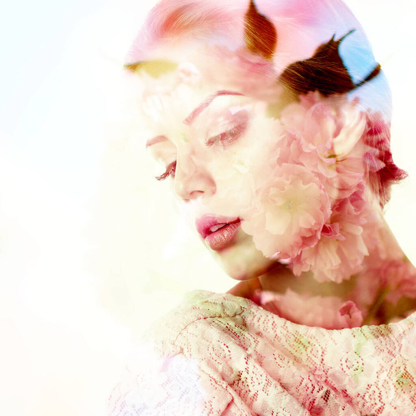 Beautiful young female face with spring blooming cherry tree flowers, double exposure. Beauty treatment, youth, springtime concept - Foto, Bild