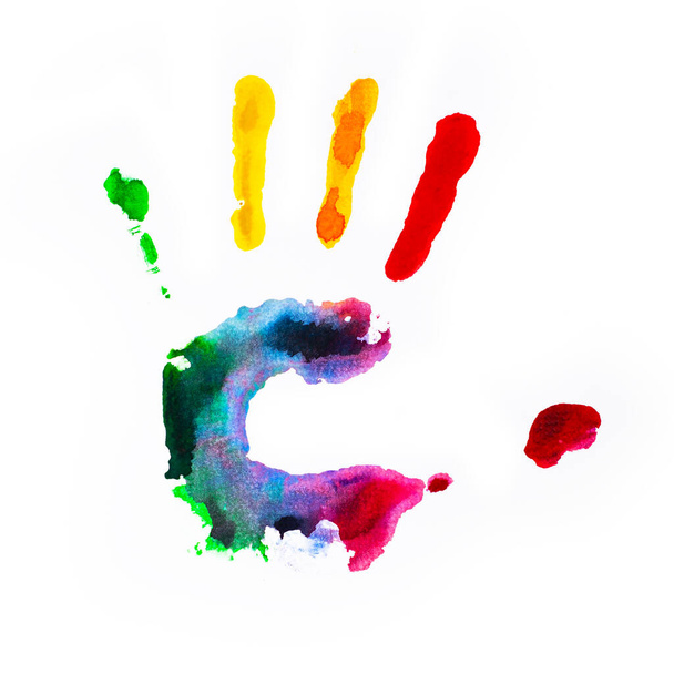 Handprint. Hand imprint of vivid colored watercolor painting, illustration ideal for t-sirt print, posters - Foto, Imagem