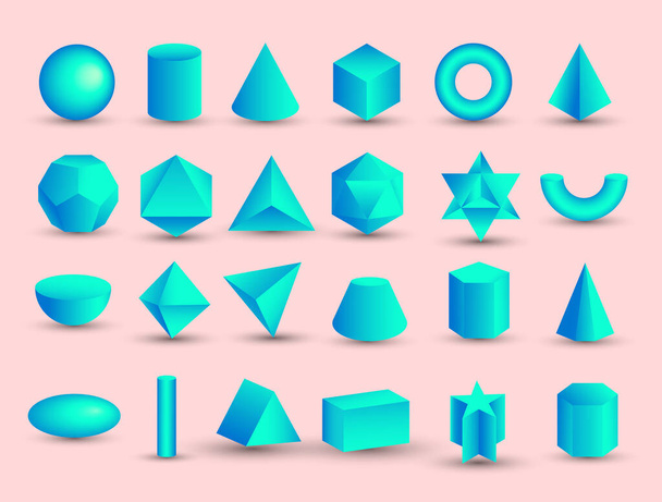 realistic 3D blue geometric shapes isolated on pink background. Maths geometrical figure form, realistic shapes model. Platon solid. Geometric shapes icons for education, business, design - Photo, Image