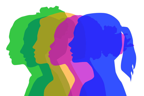 Multiethnic women communicate, vector illustration. Female faces of diverse cultures in propfile - Φωτογραφία, εικόνα