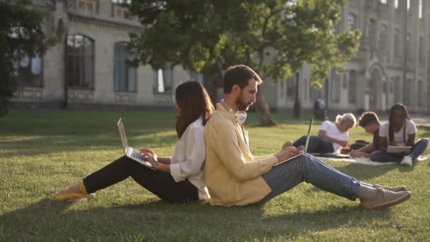 Студенты колледжа учатся на ноутбуках на природе - Кадры, видео
