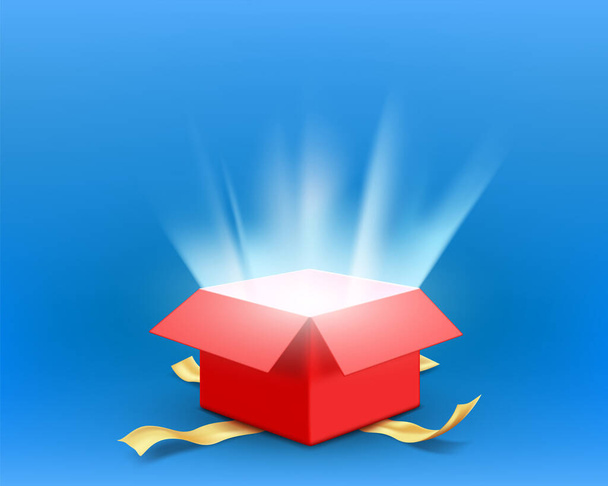 Red open gift box with rays of light from the inside. Vector template. - Vektor, Bild