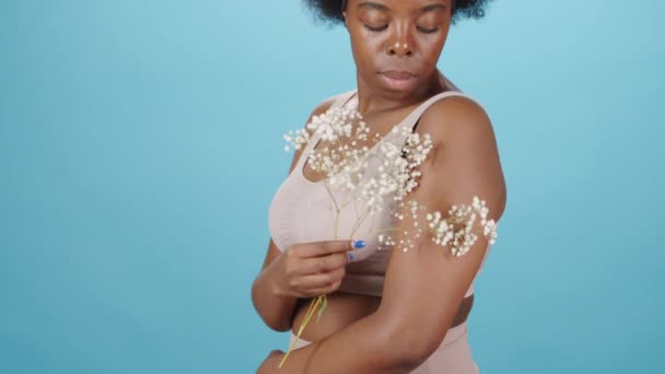 Tilt-up portret van tedere jonge mooie plus size vrouw van Afro-Amerikaanse etniciteit poseren in ondergoed met babys adem bloem op geïsoleerde blauwe achtergrond - Video