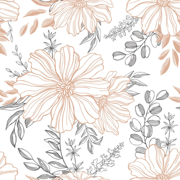 Floral background. Seamless vector pattern with hand drawn flowers - Vector, imagen