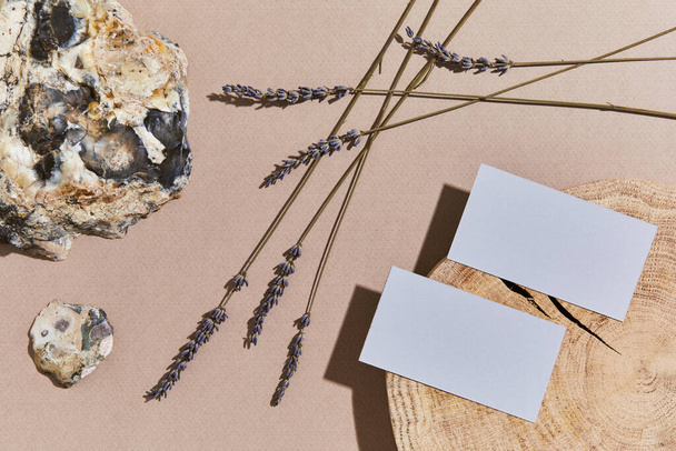Flat lay of room interior composition with mock up visit cards, wood, rocks, natural materials, dry plants and accessories. Neutral colors, top view, template. - Photo, Image