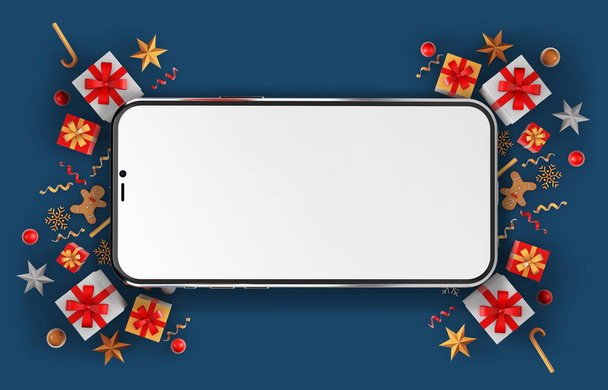クリスマスの背景にギフトやクリスマスの装飾が施されたスマートフォン、コピースペース付きのトップビュー - 写真・画像