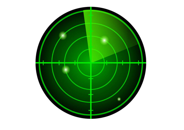 Векторний зелений радар. Радіолокаційний дисплей HUD. Векторна ілюстрація радару з цілями в дії ізольовано на білому тлі
 - Вектор, зображення