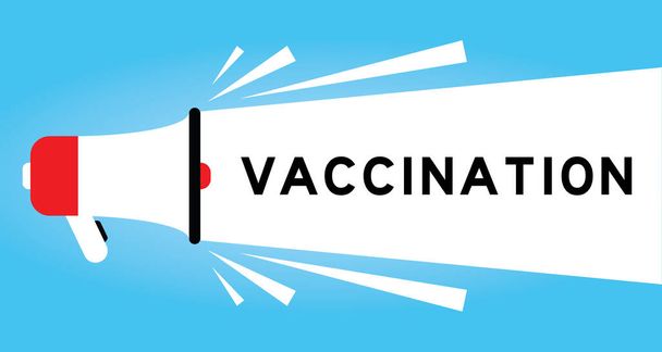 Színes megphone ikon szó vakcinázás fehér banner kék háttér - Vektor, kép